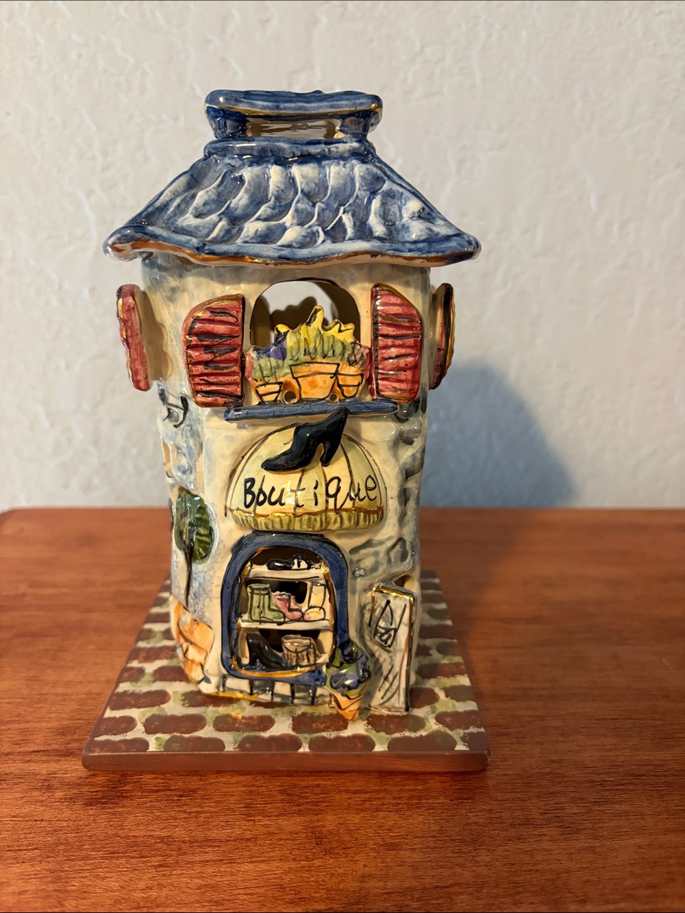 Hand-Painted Ceramic Boutique House Figurine in Blue and Cream